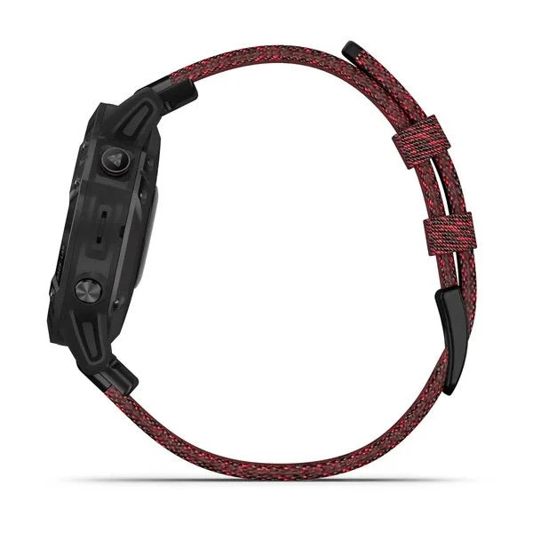 Garmin Run Fenix 6 Sapphire Smartwatch - Black DLC With Heathered Red Nylon Band 2 Garmin Run Fenix 6 Sapphire Smartwatch - Black DLC With Heathered Red Nylon Band