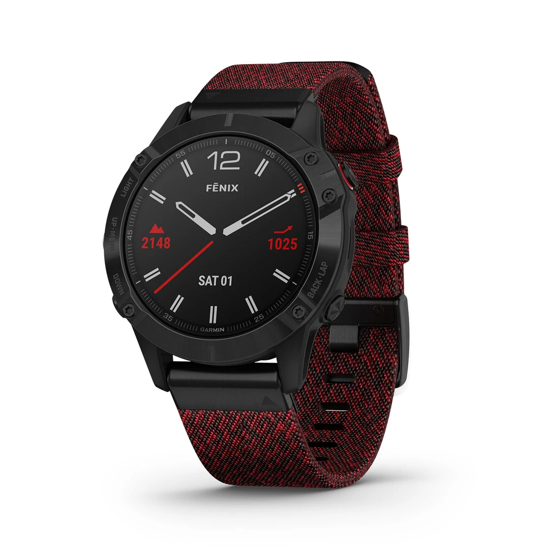 Garmin Run Fenix 6 Sapphire Smartwatch - Black DLC With Heathered Red Nylon Band 1 Garmin Run Fenix 6 Sapphire Smartwatch - Black DLC With Heathered Red Nylon Band