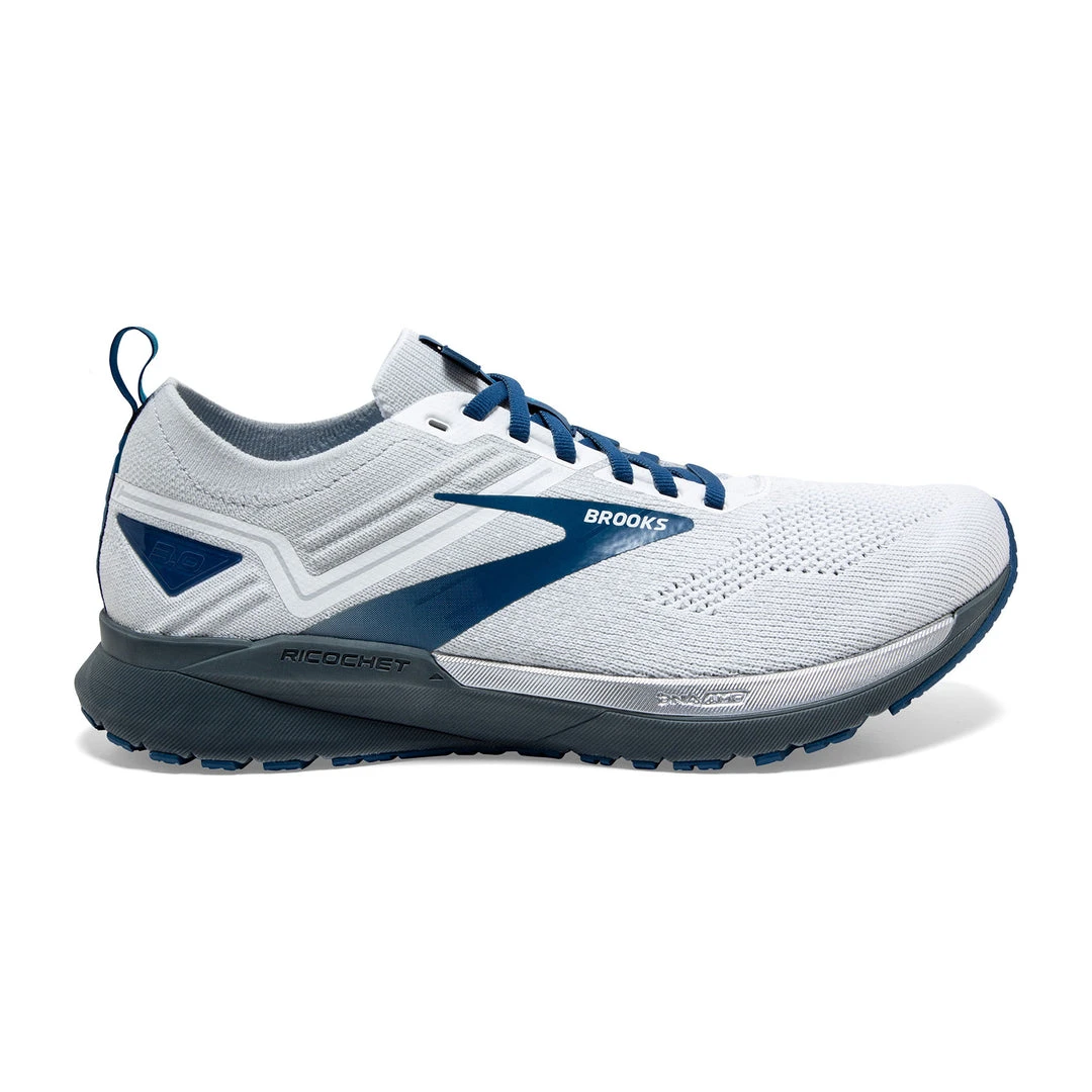 Brooks Men's Ricochet 3 Running Shoe - White/Grey/Blue - Regular (D) 1 Brooks Men's Ricochet 3 Running Shoe - White/Grey/Blue - Regular (D)