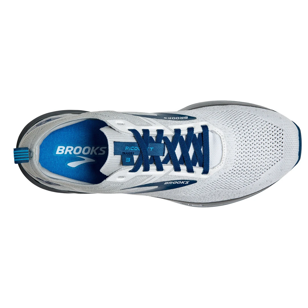 Brooks Men's Ricochet 3 Running Shoe - White/Grey/Blue - Regular (D) 5 Brooks Men's Ricochet 3 Running Shoe - White/Grey/Blue - Regular (D)