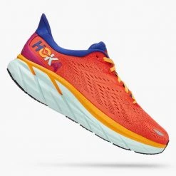HOKA Men's Clifton 8 Running Shoe- Fiesta/Bluing- Regular (D)