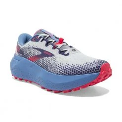 Brooks Women's Caldera 6 Trail Running Shoe- Oyster/Blissful Blue/Pink - Regular (B)