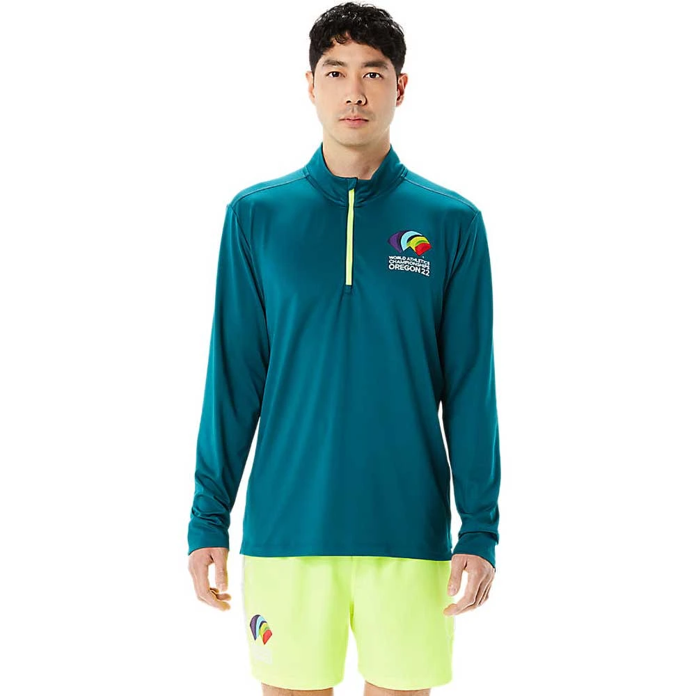 Asics Apparel Men's Ready Set Half Zip WCH - Velvet Pine/Safety Yellow 1 Asics Apparel Men's Ready Set Half Zip WCH - Velvet Pine/Safety Yellow
