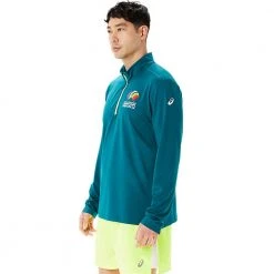 Asics Apparel Men's Ready Set Half Zip WCH - Velvet Pine/Safety Yellow 8 Asics Apparel Men's Ready Set Half Zip WCH - Velvet Pine/Safety Yellow