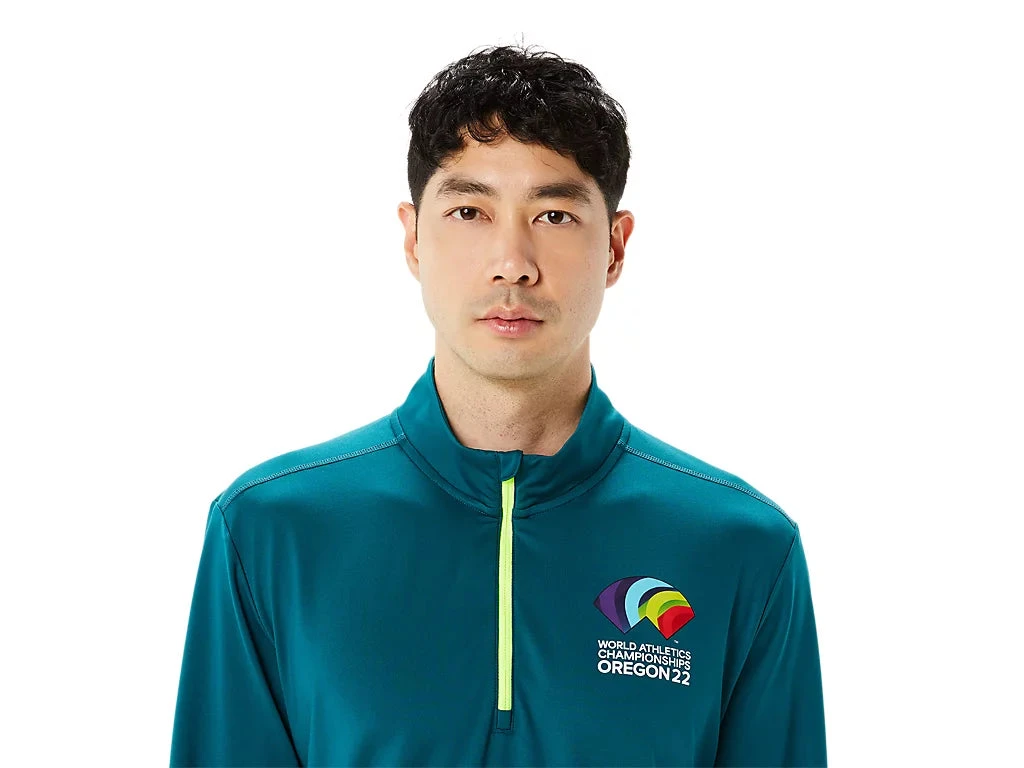 Asics Apparel Men's Ready Set Half Zip WCH - Velvet Pine/Safety Yellow 2 Asics Apparel Men's Ready Set Half Zip WCH - Velvet Pine/Safety Yellow