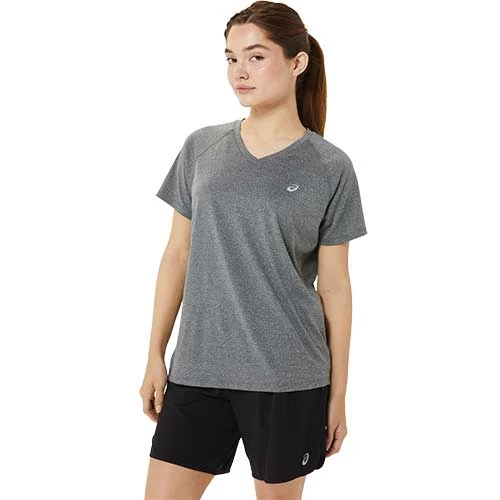 Asics Women's Ready-Set Lyte V-Neck Short Sleeve Top - Dark Grey Heather 3 Asics Women's Ready-Set Lyte V-Neck Short Sleeve Top - Dark Grey Heather