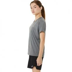 Asics Women's Ready-Set Lyte V-Neck Short Sleeve Top - Dark Grey Heather 8 Asics Women's Ready-Set Lyte V-Neck Short Sleeve Top - Dark Grey Heather