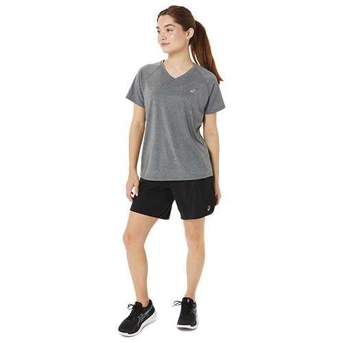 Asics Women's Ready-Set Lyte V-Neck Short Sleeve Top - Dark Grey Heather 1 Asics Women's Ready-Set Lyte V-Neck Short Sleeve Top - Dark Grey Heather