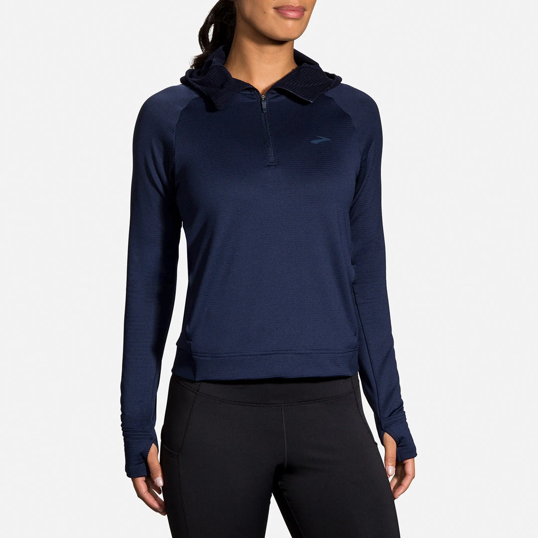 Brooks Women's Notch Thermal Hoodie - Navy Tops 2 Brooks Women's Notch Thermal Hoodie - Navy Tops