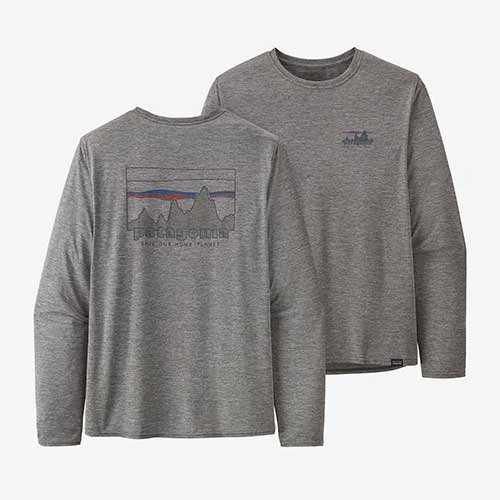 Patagonia Men's Long Sleeved Cap Cool Daily Graphic Shirt - '73 Skyline: Feather Grey Apparel 1 Patagonia Men's Long Sleeved Cap Cool Daily Graphic Shirt - '73 Skyline: Feather Grey Apparel