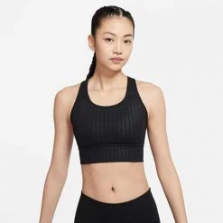Women's Nike Dri-FIT Swoosh Medium-Support Padded Longline Printed Sports Bra - Black Tops