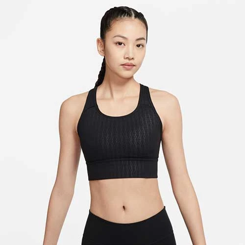 Women's Nike Dri-FIT Swoosh Medium-Support Padded Longline Printed Sports Bra - Black Tops 1 Women's Nike Dri-FIT Swoosh Medium-Support Padded Longline Printed Sports Bra - Black Tops