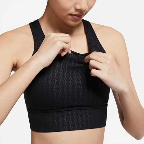 Women's Nike Dri-FIT Swoosh Medium-Support Padded Longline Printed Sports Bra - Black Tops 3 Women's Nike Dri-FIT Swoosh Medium-Support Padded Longline Printed Sports Bra - Black Tops