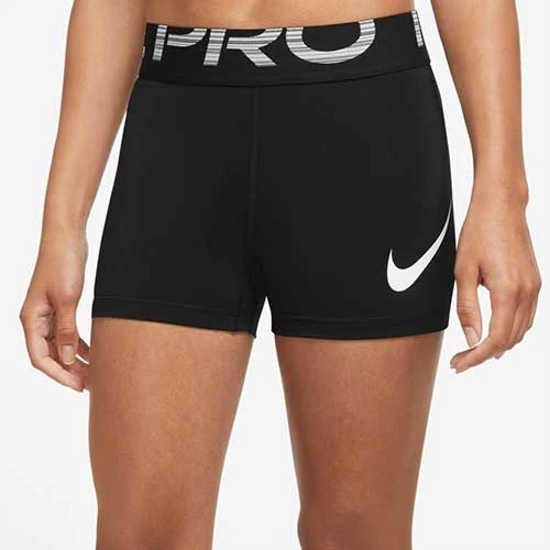 Women's Nike Pro Dri-FIT Graphic Training Shorts 3in - Black/Black/White 1 Women's Nike Pro Dri-FIT Graphic Training Shorts 3in - Black/Black/White
