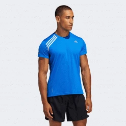 Adidas Tops Men's Run It 3-Stripes Tee - Glow Blue/White 9 Adidas Tops Men's Run It 3-Stripes Tee - Glow Blue/White