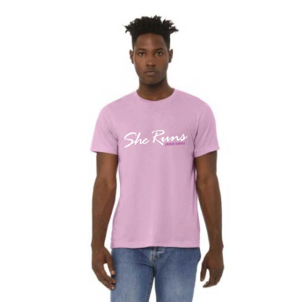 Gazelle Sports Apparel Unisex She Runs Grand Rapids Script Triblend T-Shirt - Lilac Triblend/White 1 Gazelle Sports Apparel Unisex She Runs Grand Rapids Script Triblend T-Shirt - Lilac Triblend/White