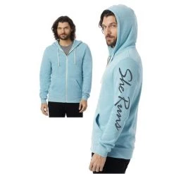 Gazelle Sports Unisex She Runs Vertical Script Rocky Eco-Fleece Zip Hoodie - Eco Aqua/Charcoal Grey