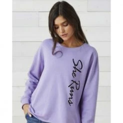 Gazelle Sports Women's She Runs Vertical Script With Collage Drop Shoulder Beach Fleece Crew - Orchid/Black Tops
