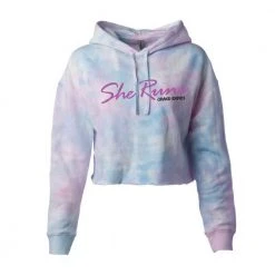 Gazelle Sports Women's She Runs Grand Rapids Script Lightweight Crop Hoodie - Tie Dye Cotton Candy/Pink Tops