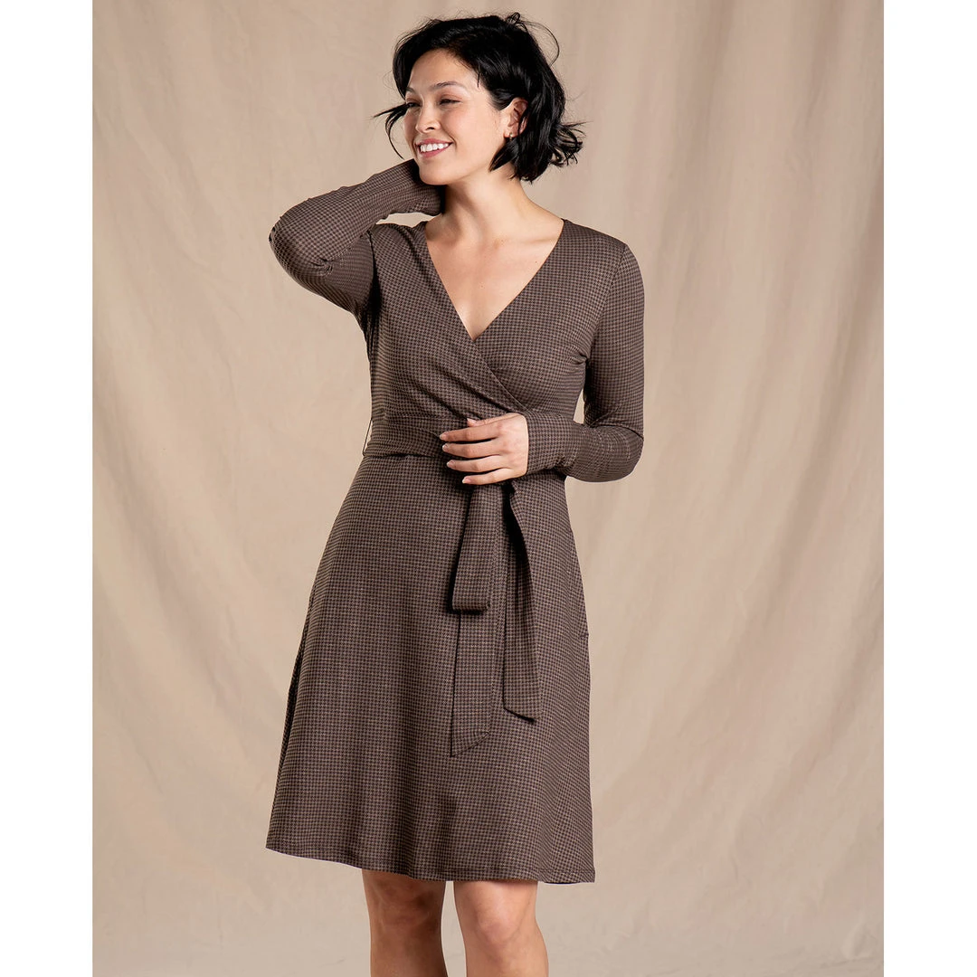 Toad And Co Women's Cue Wrap Long Sleeve Dress - Chesnut Houndstooth Print 1 Toad And Co Women's Cue Wrap Long Sleeve Dress - Chesnut Houndstooth Print