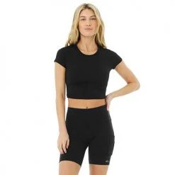 Alo Yoga Women's Alosoft Crop Finesse Short Sleeve Top - Black Tops