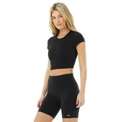 Alo Yoga Women's Alosoft Crop Finesse Short Sleeve Top - Black Tops