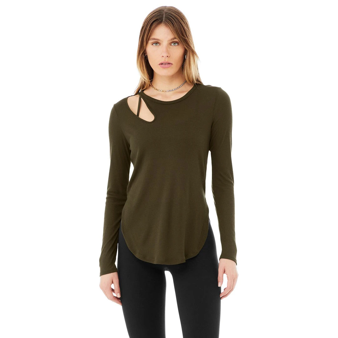 Alo Yoga Women's Ribbed Peak Long Sleeve Top - Dark Olive 1 Alo Yoga Women's Ribbed Peak Long Sleeve Top - Dark Olive