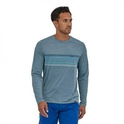 Patagonia Men's Long-Sleeved Capilene Cool Daily Graphic Shirt - Line Logo Ridge Stripe: Light Plume Grey X-Dye Apparel