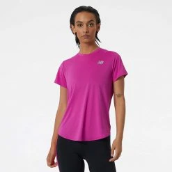 New Balance Tops Women's She Runs Grand Rapids Script Accelerate Short Sleeve - Magenta Pop/Light Blue