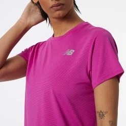 New Balance Tops Women's She Runs Grand Rapids Script Accelerate Short Sleeve - Magenta Pop/Light Blue