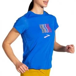 Brooks Tops Women's Distance Graphic Short Sleeve - Heather Bluetiful/Run Relaxed