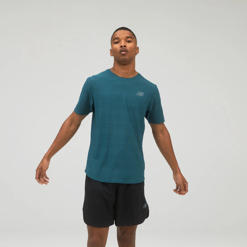 New Balance Apparel Men's Q Speed Jacquard Short Sleeve Top- Mountain Teal 1 New Balance Apparel Men's Q Speed Jacquard Short Sleeve Top- Mountain Teal