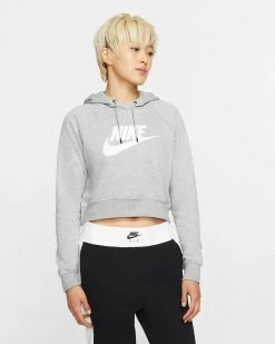 Women's Nike Sportswear Essential Cropped Hoodie - Dk Grey Heather/White