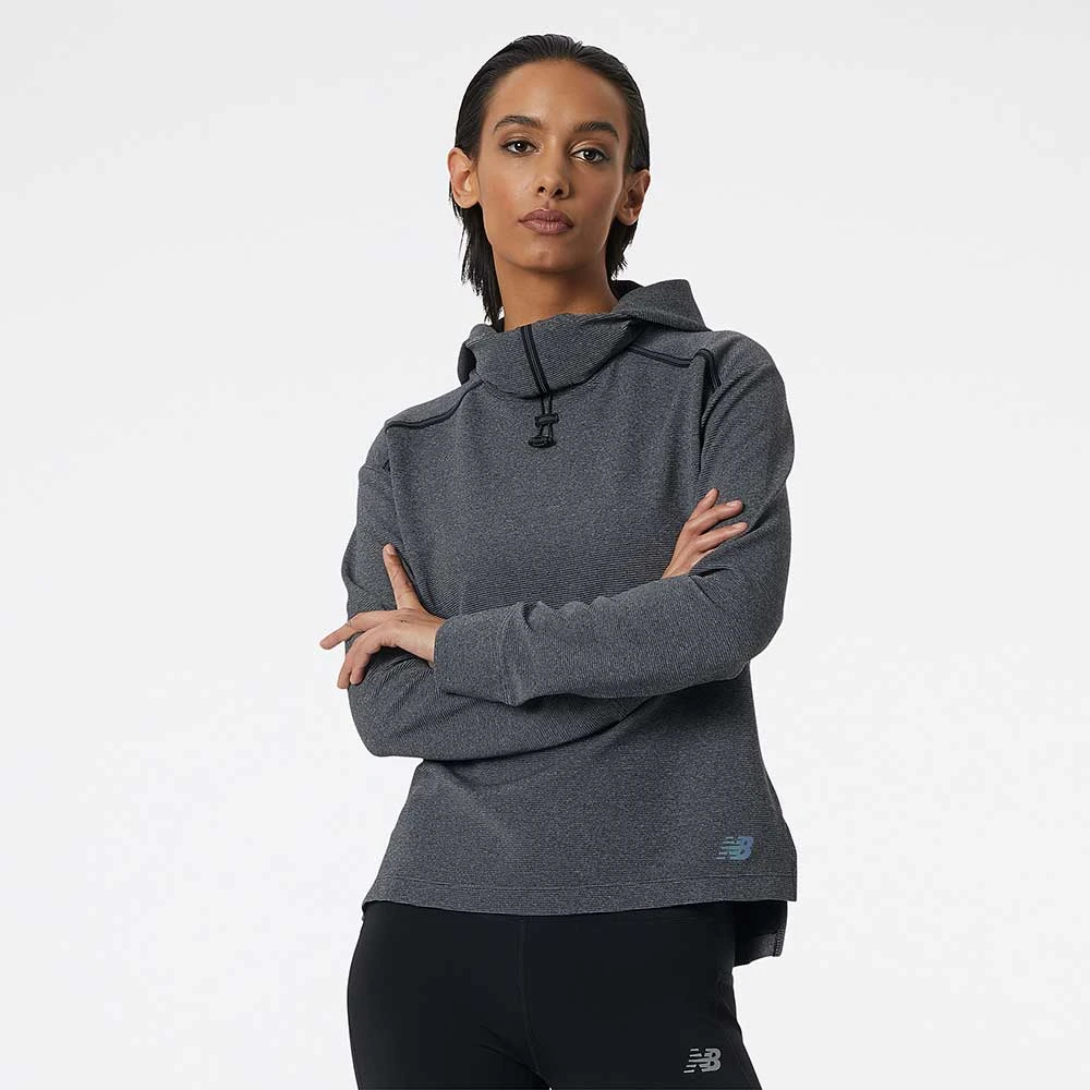 New Balance Women's She Runs Grand Rapids Script Q Speed Shift Hoodie - Black Heather/Light Blue Tops 2 New Balance Women's She Runs Grand Rapids Script Q Speed Shift Hoodie - Black Heather/Light Blue Tops